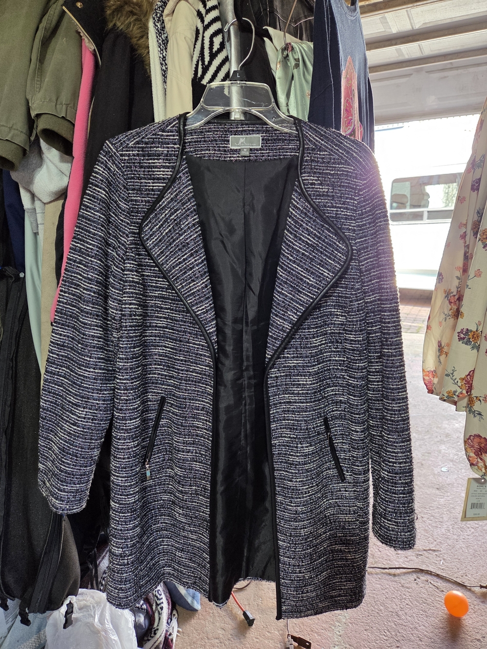 JM Collection Navy and White Textured Open-Front Blazer